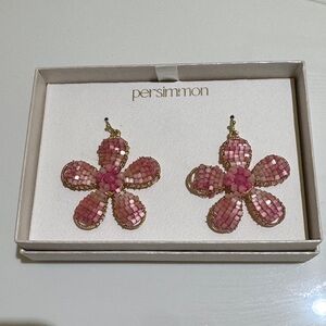 Persimmon Pink Flower Beaded Earrings NIB